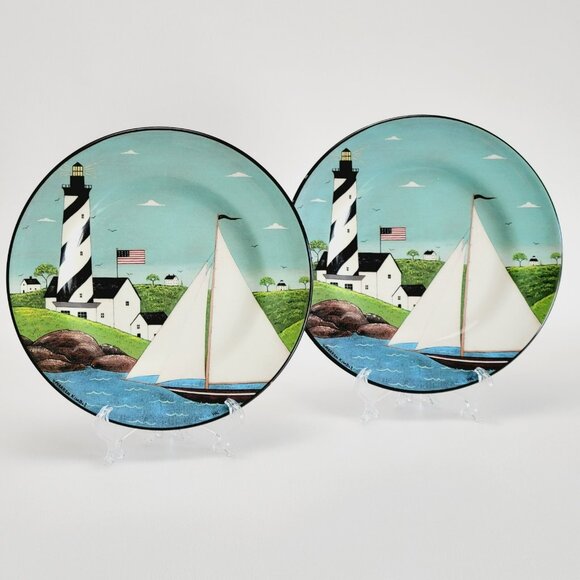 Coastal Breeze Plastic Salad Plate Set Lighthouse & Boat Warren Kimble Folk Art - Picture 1 of 12